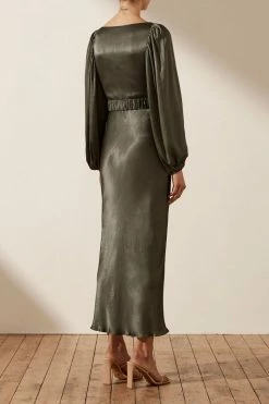 Shona Joy DRESSES LA LUNE BALLOON SLEEVE MIDI DRESS WITH BELT - OLIVE