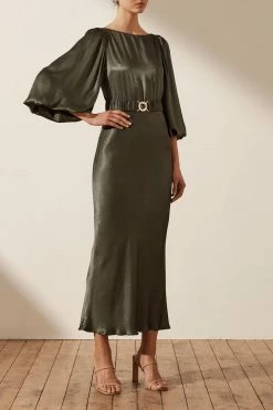 Shona Joy DRESSES LA LUNE BALLOON SLEEVE MIDI DRESS WITH BELT - OLIVE