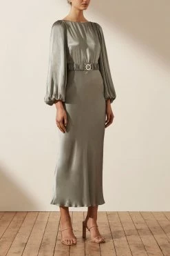 Shona Joy LA LUNE BALLOON SLEEVE MIDI DRESS WITH BELT - SAGE DRESSES