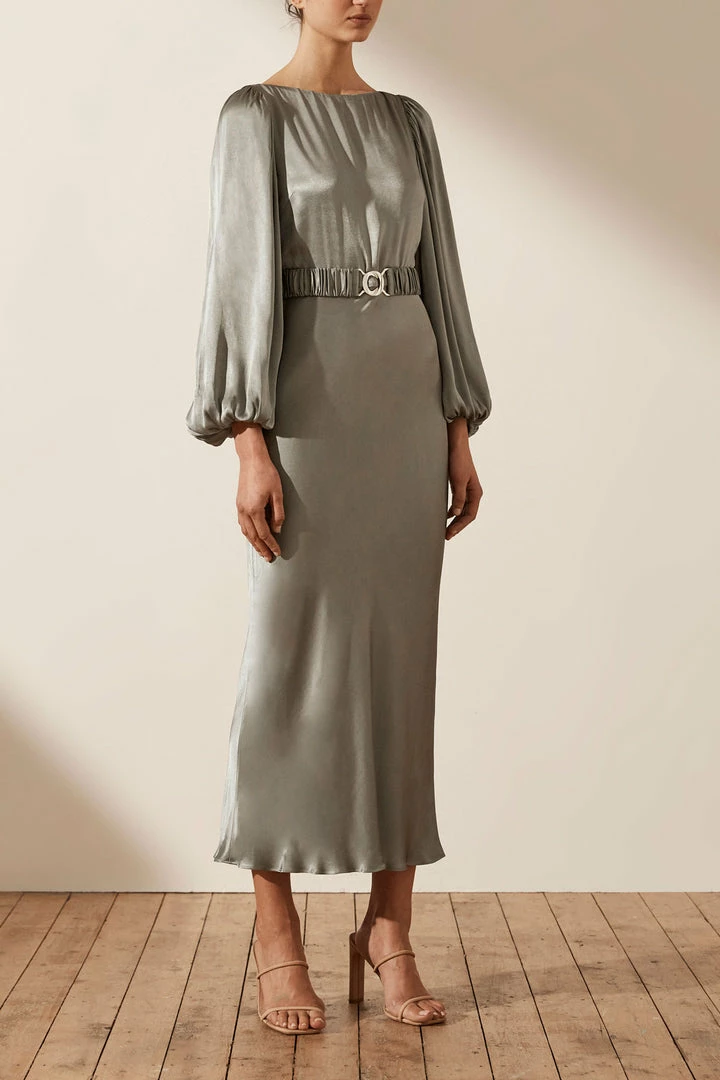 Shona Joy LA LUNE BALLOON SLEEVE MIDI DRESS WITH BELT - SAGE DRESSES
