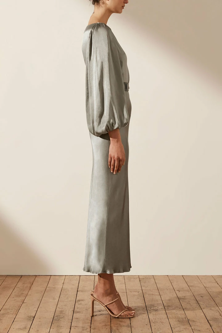 Shona Joy LA LUNE BALLOON SLEEVE MIDI DRESS WITH BELT - SAGE DRESSES