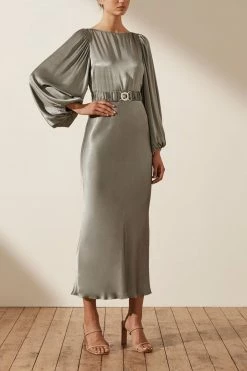 Shona Joy LA LUNE BALLOON SLEEVE MIDI DRESS WITH BELT - SAGE DRESSES