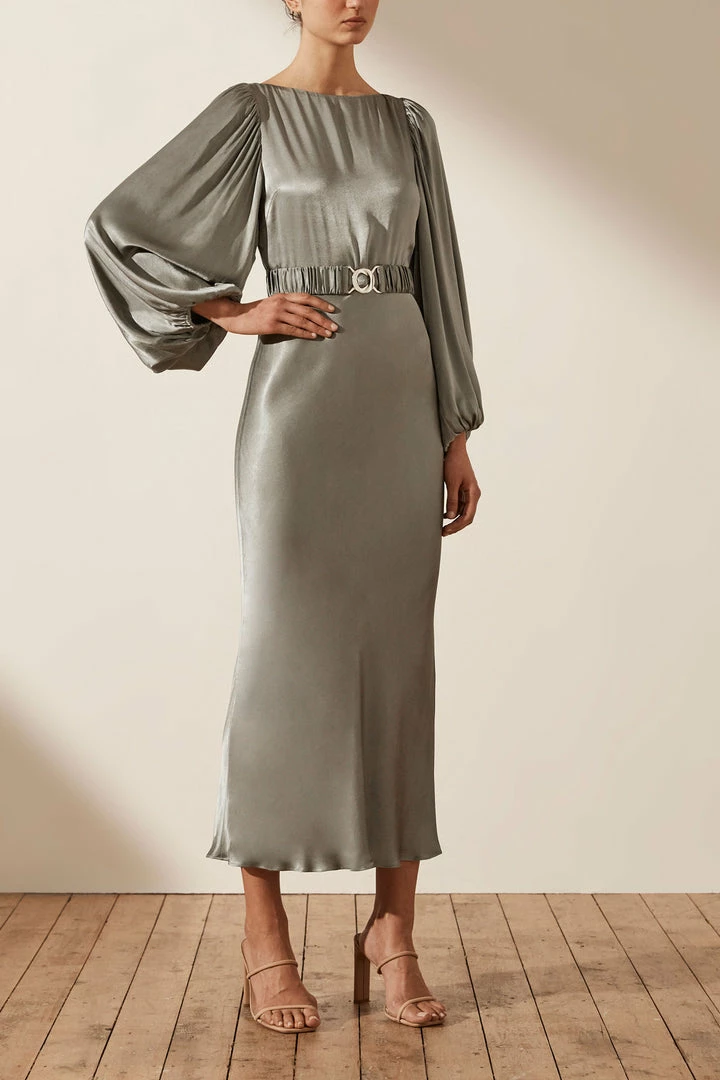 Shona Joy LA LUNE BALLOON SLEEVE MIDI DRESS WITH BELT - SAGE DRESSES