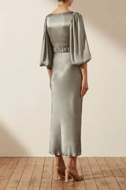 Shona Joy LA LUNE BALLOON SLEEVE MIDI DRESS WITH BELT - SAGE DRESSES