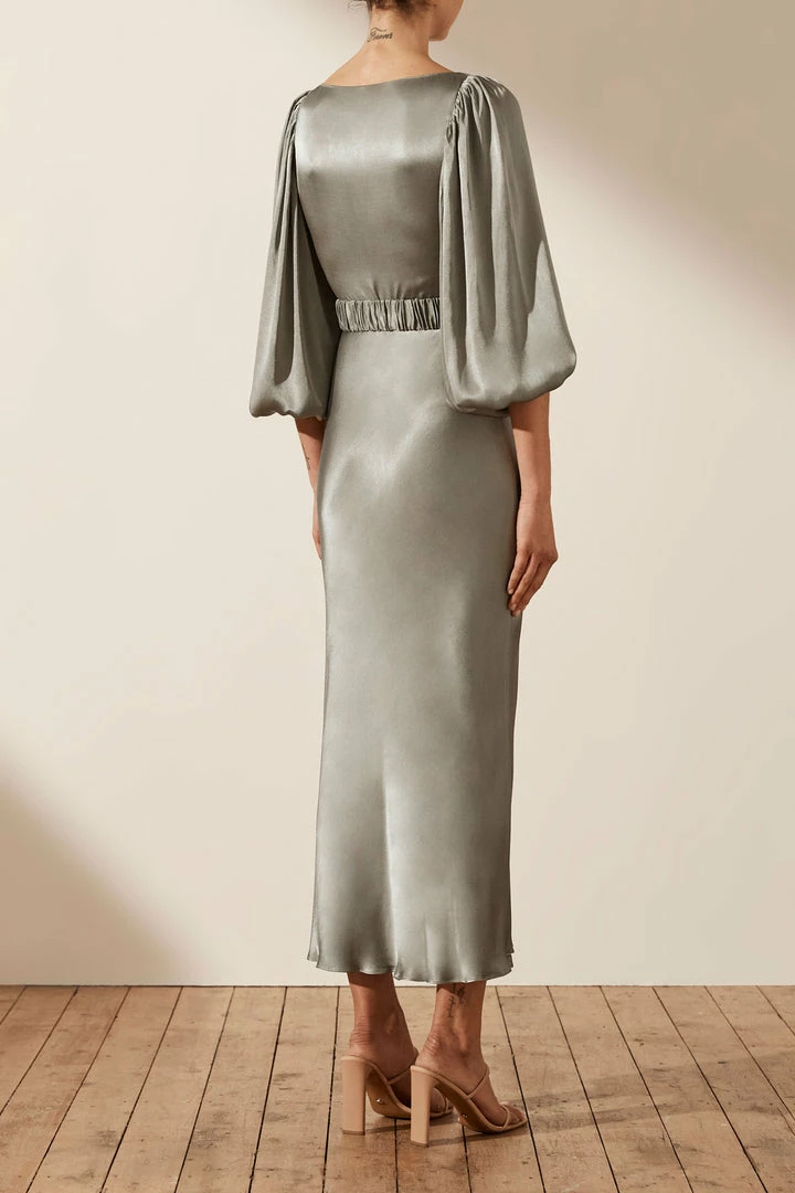 Shona Joy LA LUNE BALLOON SLEEVE MIDI DRESS WITH BELT - SAGE DRESSES