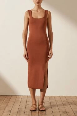 Shona Joy BASIC SQUARE NECK MIDI DRESS - CLAY DRESSES