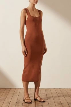 Shona Joy BASIC SQUARE NECK MIDI DRESS - CLAY DRESSES