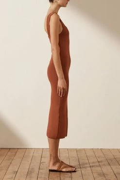 Shona Joy BASIC SQUARE NECK MIDI DRESS - CLAY DRESSES