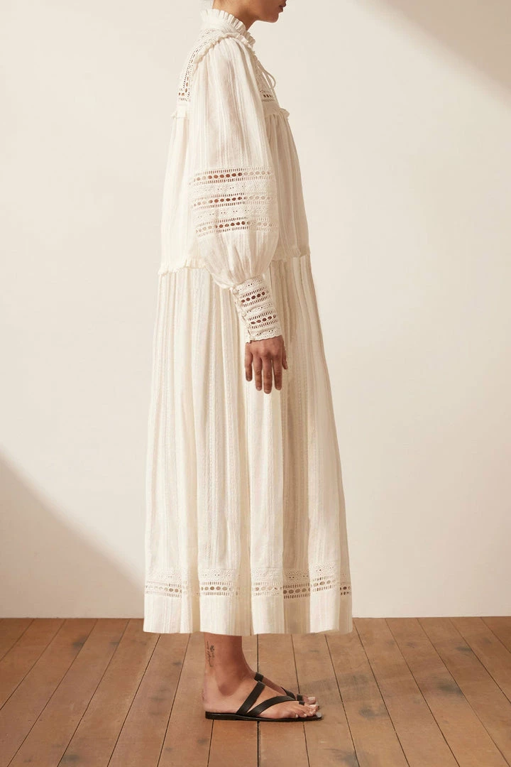 Shona Joy LUCIA BALLOON SLEEVE FRILL MIDI DRESS - IVORY DRESSES