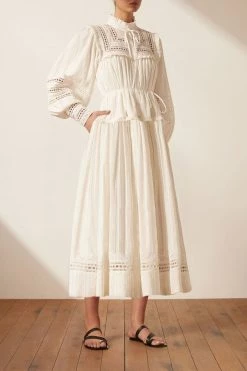 Shona Joy LUCIA BALLOON SLEEVE FRILL MIDI DRESS - IVORY DRESSES