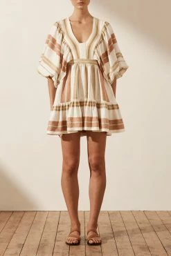 Shona Joy SUZANA LINEN PLUNGED BALLOON SLEEVE MINI DRESS