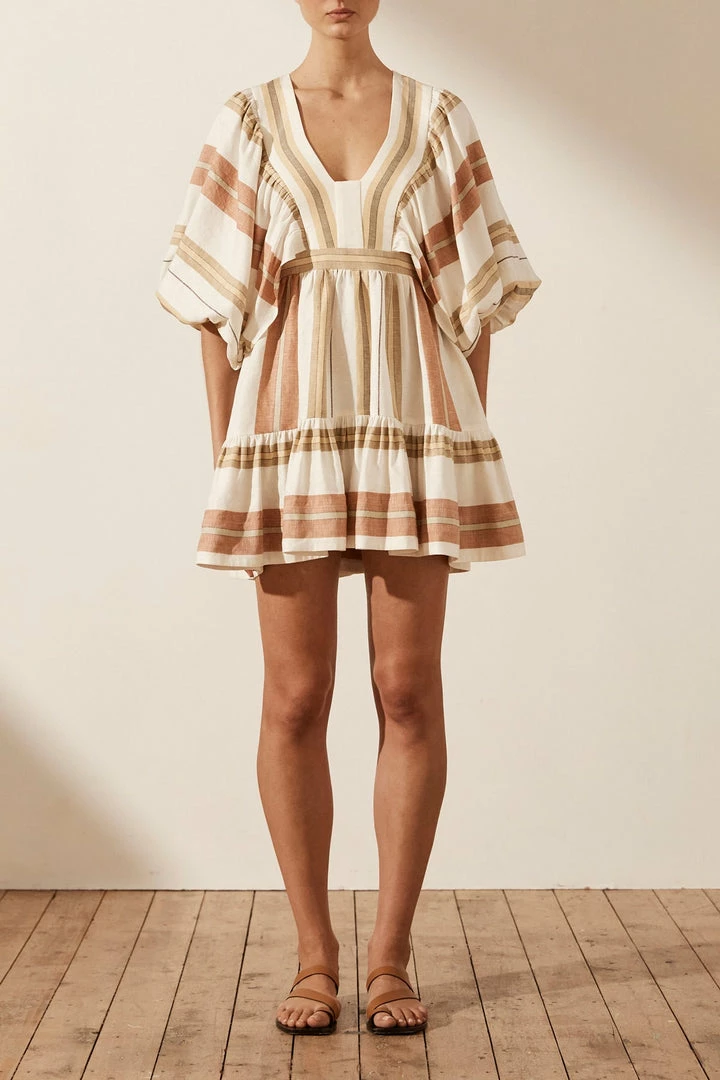 Shona Joy SUZANA LINEN PLUNGED BALLOON SLEEVE MINI DRESS
