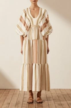 Shona Joy SUZANA LINEN PLUNGED BALLOON SLEEVE MIDI DRESS DRESSES