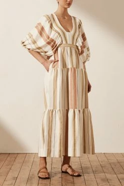 Shona Joy SUZANA LINEN PLUNGED BALLOON SLEEVE MIDI DRESS DRESSES