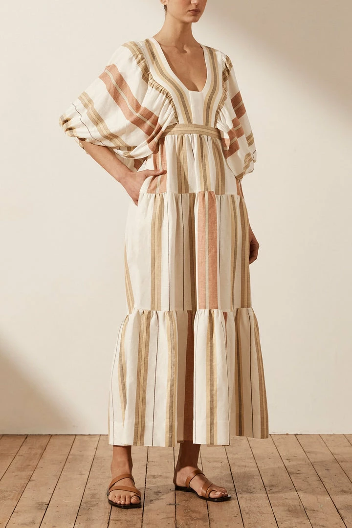 Shona Joy SUZANA LINEN PLUNGED BALLOON SLEEVE MIDI DRESS DRESSES