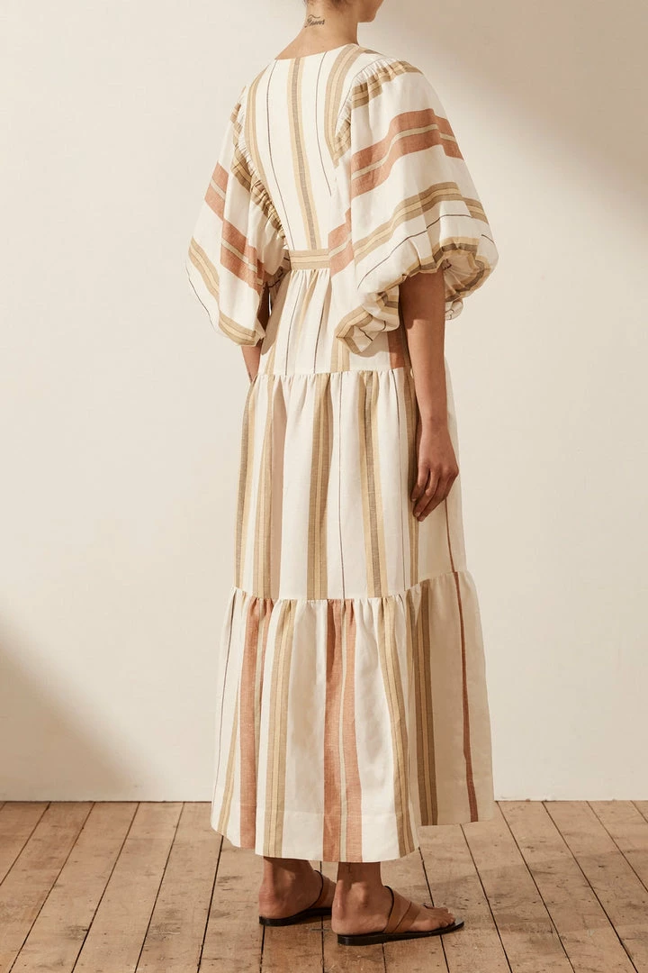 Shona Joy SUZANA LINEN PLUNGED BALLOON SLEEVE MIDI DRESS DRESSES