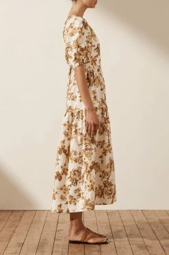 Shona Joy BELLA LINEN SHORT SLEEVE OPEN BACK MIDI DRESS EVENTS