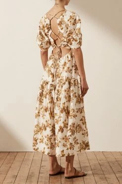 Shona Joy BELLA LINEN SHORT SLEEVE OPEN BACK MIDI DRESS EVENTS