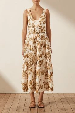 Shona Joy BELLA LINEN PLUNGED TIERED MIDI DRESS