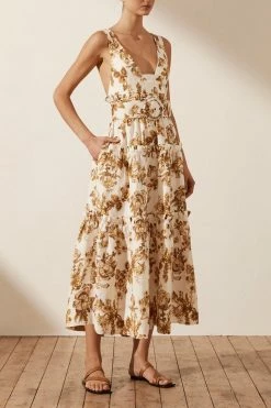 Shona Joy BELLA LINEN PLUNGED TIERED MIDI DRESS