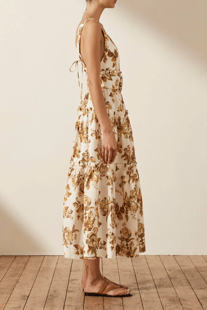 Shona Joy BELLA LINEN PLUNGED TIERED MIDI DRESS