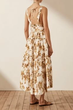 Shona Joy BELLA LINEN PLUNGED TIERED MIDI DRESS