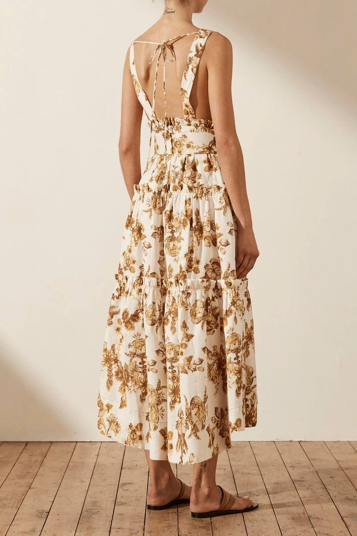 Shona Joy BELLA LINEN PLUNGED TIERED MIDI DRESS