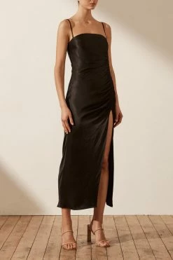 Shona Joy THALIA BIAS RUCHED MIDI DRESS - BLACK DRESSES