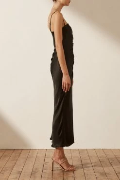 Shona Joy THALIA BIAS RUCHED MIDI DRESS - BLACK DRESSES