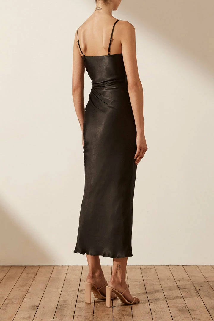 Shona Joy THALIA BIAS RUCHED MIDI DRESS - BLACK DRESSES