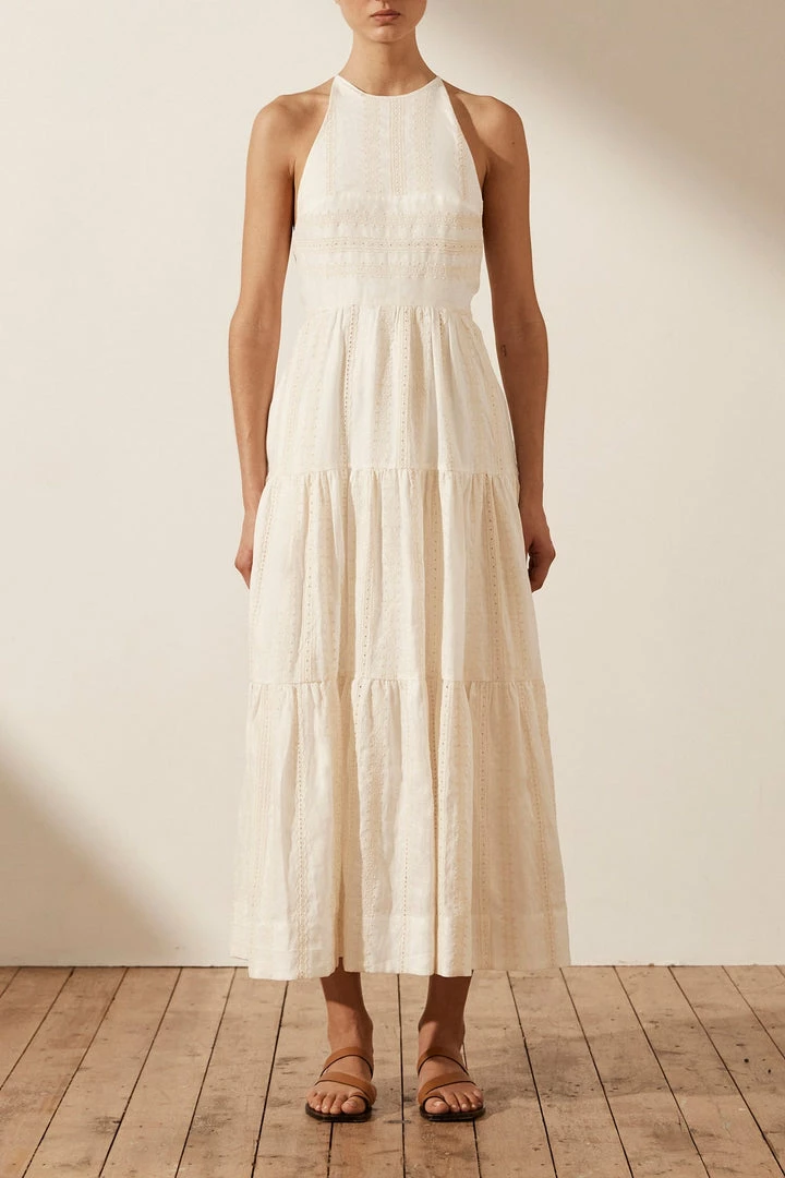 Shona Joy DRESSES LUANA LINEN BACKLESS HALTER MIDI DRESS - IVORY