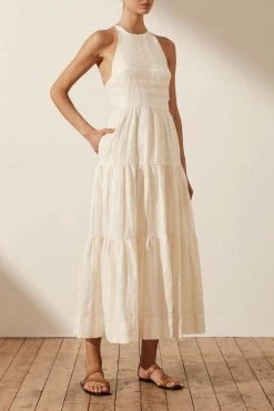 Shona Joy DRESSES LUANA LINEN BACKLESS HALTER MIDI DRESS - IVORY