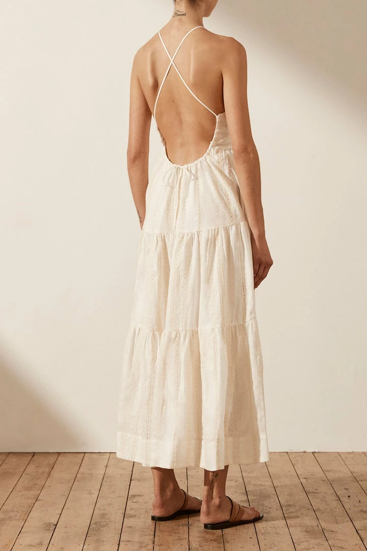 Shona Joy DRESSES LUANA LINEN BACKLESS HALTER MIDI DRESS - IVORY