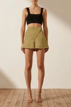 Shona Joy MATILDA LINEN ASYMMETRIC FLARED SHORT - CUMIN SHORTS & PANTS