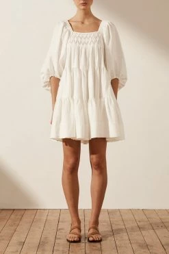 Shona Joy PAULINA LINEN SQUARE NECK TIERED MINI DRESS - IVORY