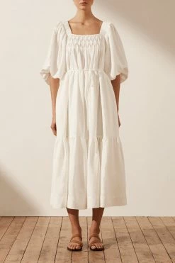 Shona Joy PAULINA LINEN SQUARE NECK TIERED MIDI DRESS - IVORY DRESSES