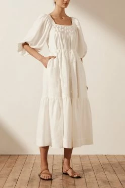 Shona Joy PAULINA LINEN SQUARE NECK TIERED MIDI DRESS - IVORY DRESSES