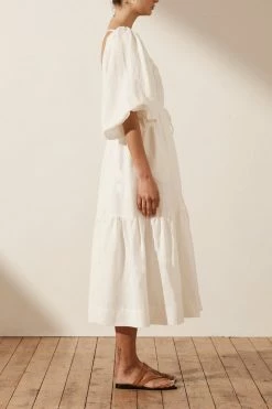 Shona Joy PAULINA LINEN SQUARE NECK TIERED MIDI DRESS - IVORY DRESSES
