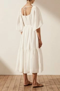Shona Joy PAULINA LINEN SQUARE NECK TIERED MIDI DRESS - IVORY DRESSES