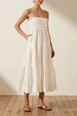 Shona Joy BRUNA LINEN OPEN BACK SHIRRED MIDI DRESS - IVORY