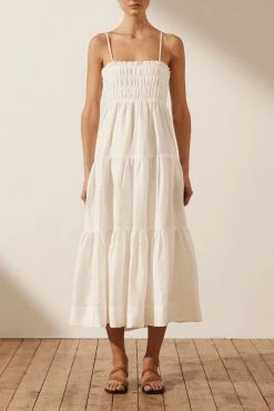 Shona Joy BRUNA LINEN OPEN BACK SHIRRED MIDI DRESS - IVORY