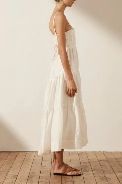 Shona Joy BRUNA LINEN OPEN BACK SHIRRED MIDI DRESS - IVORY
