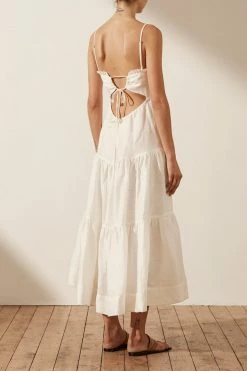 Shona Joy BRUNA LINEN OPEN BACK SHIRRED MIDI DRESS - IVORY