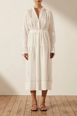 Shona Joy ADRIANA LINEN LONG SLEEVE MIDI DRESS - RICE DRESSES