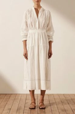 Shona Joy ADRIANA LINEN LONG SLEEVE MIDI DRESS - RICE DRESSES