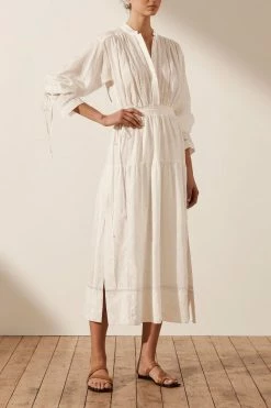 Shona Joy ADRIANA LINEN LONG SLEEVE MIDI DRESS - RICE DRESSES