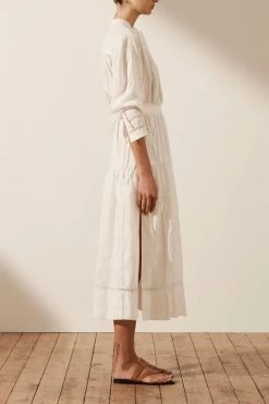 Shona Joy ADRIANA LINEN LONG SLEEVE MIDI DRESS - RICE DRESSES