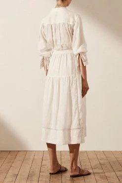Shona Joy ADRIANA LINEN LONG SLEEVE MIDI DRESS - RICE DRESSES