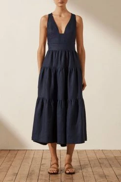 Shona Joy LIGIA LINEN PLUNGED CROSS BACK MIDI DRESS - NAVY