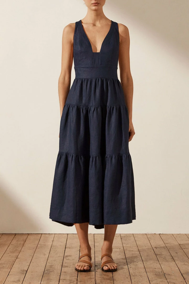 Shona Joy LIGIA LINEN PLUNGED CROSS BACK MIDI DRESS - NAVY